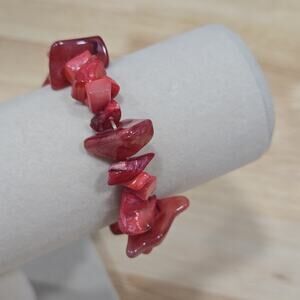 Polished Stone and Dyed Abalone Chips Hawaiian Punch Pink/Red Stretch Bracelet